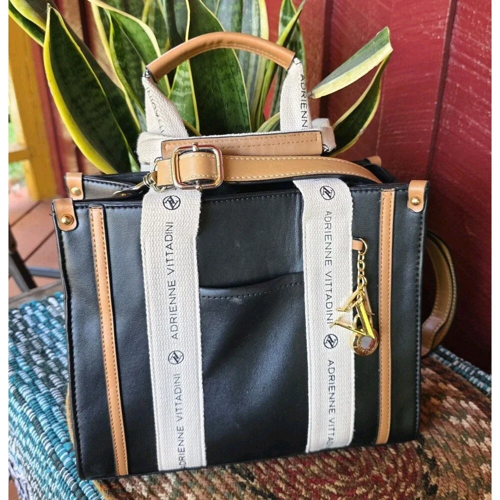 Adrienne Vittadini Black Tote Canvas Logo Straps w AV Charm Top Zip Closure EUC